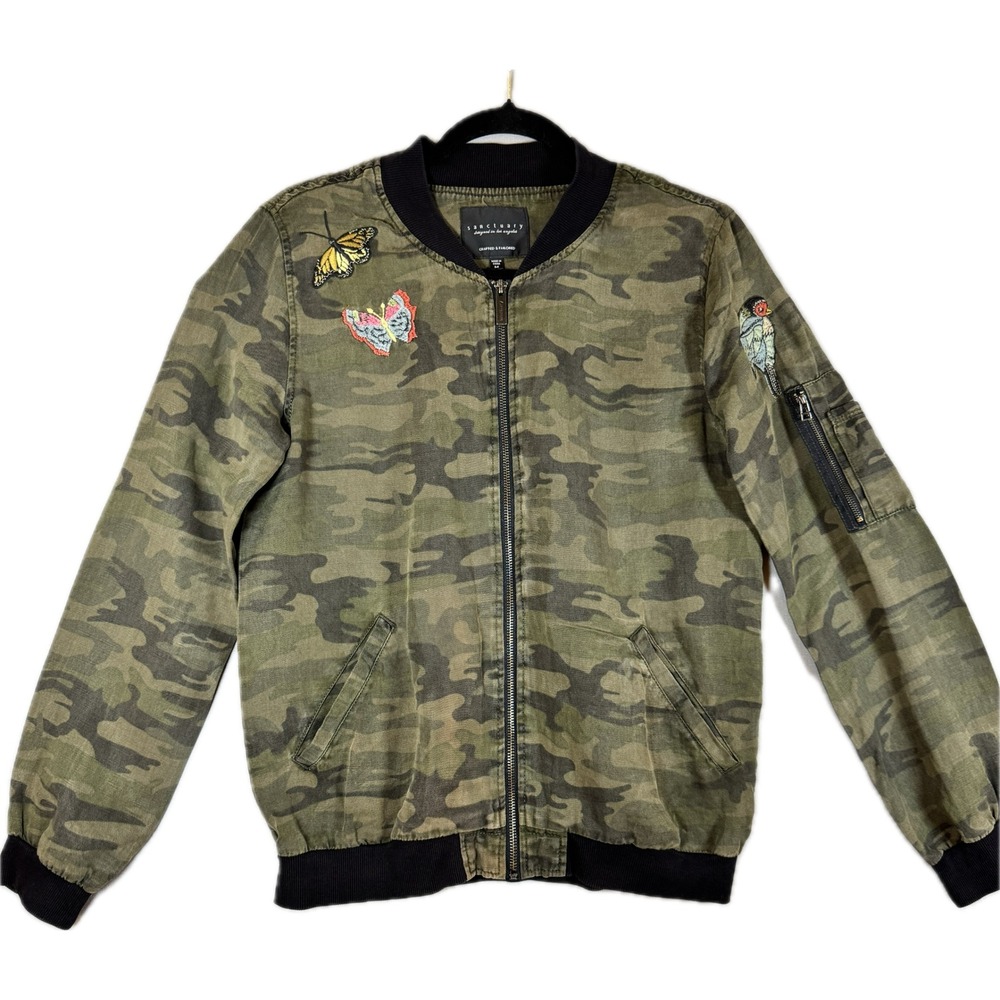 Sanctuary Bomber Jacket Womens Medium Green Camo Embroidered Butterfly Bird Boho